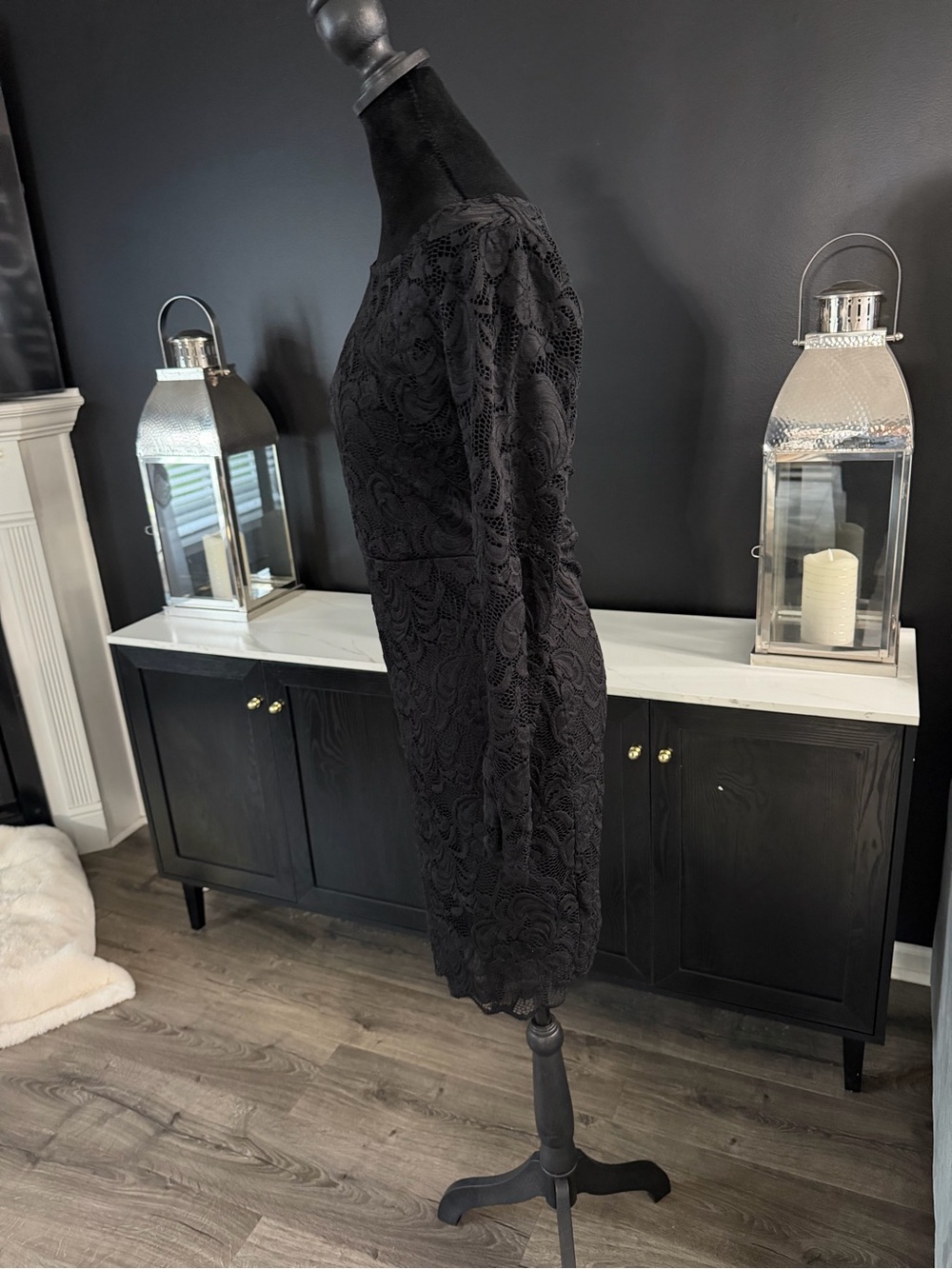 Ambiance Black Lace Sheer Long Sleeve Dress Bodycon - Picture 3 of 6
